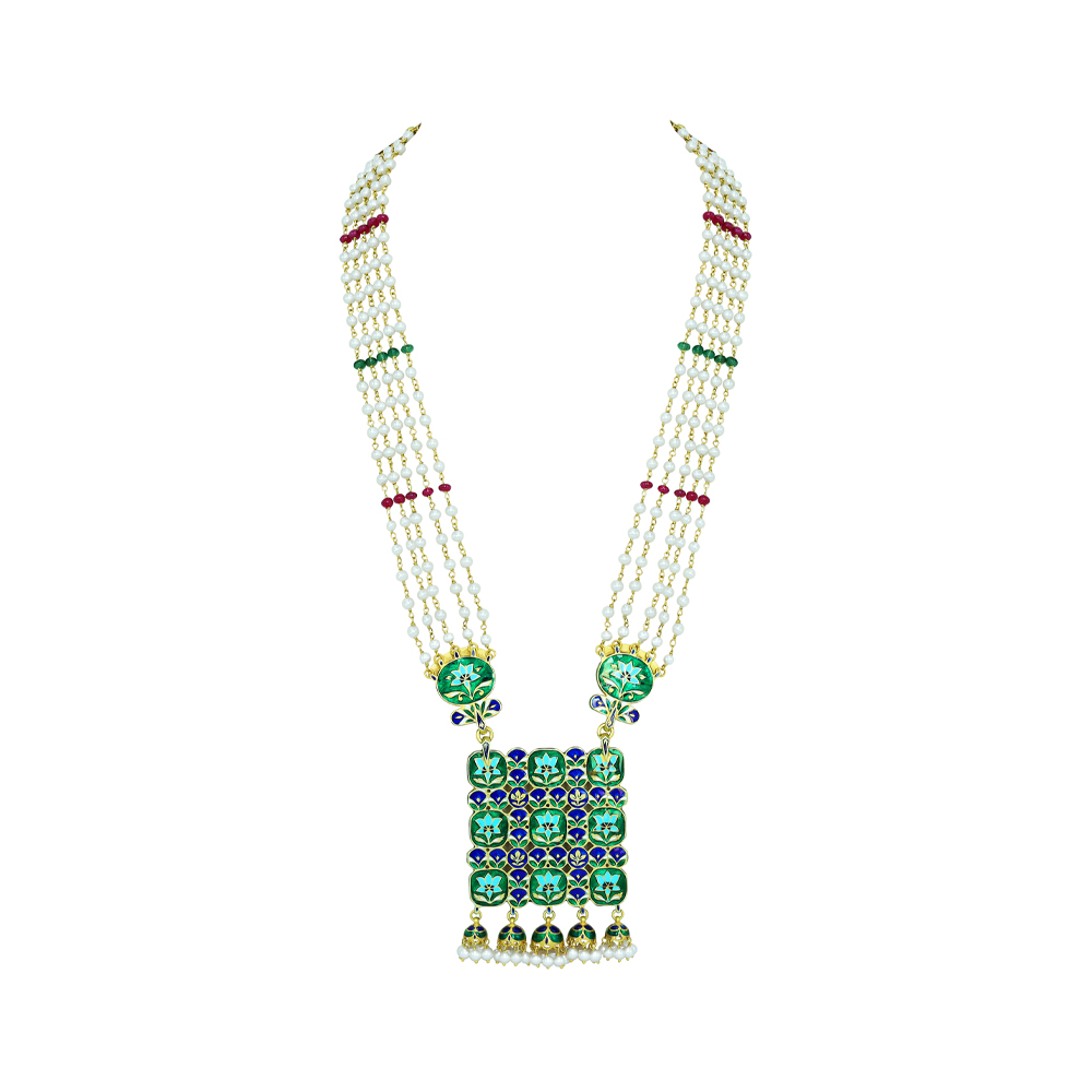 Pearl Necklace with Navratan Pendant and Ruby-Emerald Beads